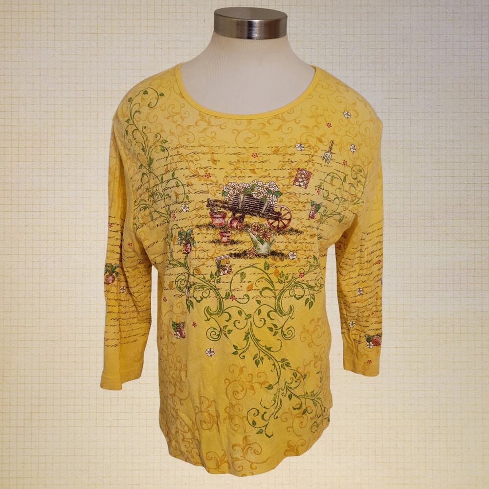 Studio Collection Yellow Garden Embroidered Y2K Cotton Top Large Cottagecore
